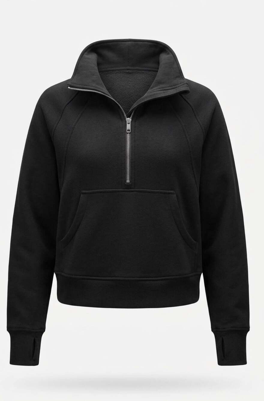 Black Half-Zip Sweatshirt with Funnel Neck & Thumbholes – Size M